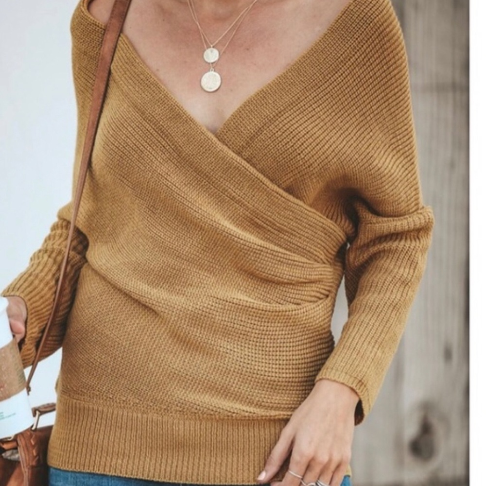 Off The Shoulder Camel Color Sweater - S